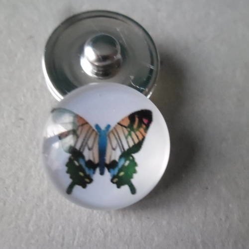 X 1 bouton pression click rond verre dôme motif papillon multicolore argenté 18 mm 