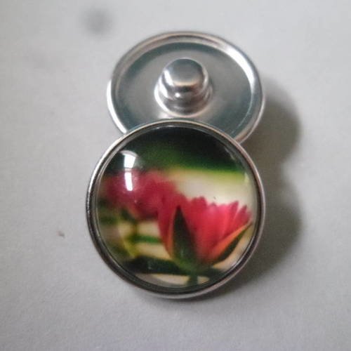 X 1 bouton pression click rond verre dôme motif fleur rouge argenté 18 mm 