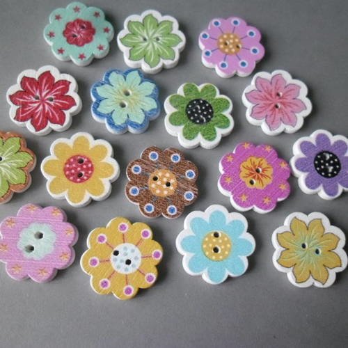 X 10 mixte boutons bois motif fleur multicolore 2 trous 20 x 20 mm 