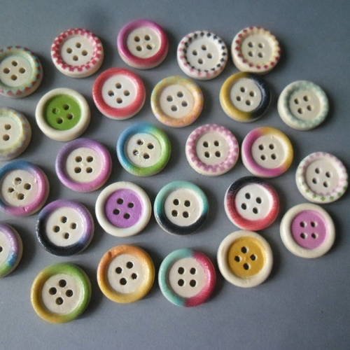 X 10 mixte boutons bois rond multicolore différents motifs 4 trous 15 mm 