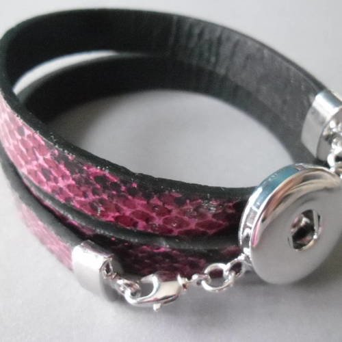 X 1 bracelet multi rangs cuir peau de serpent fuchsia pour bouton pression 60 cm 