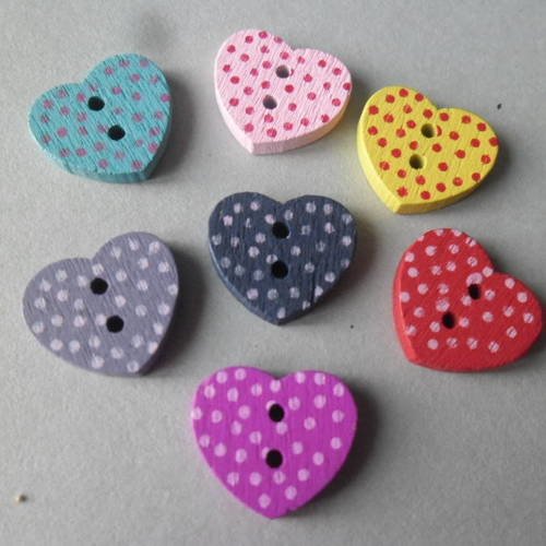 X 10 mixte boutons bois forme coeur multicolore motif pois 2 trous 15 mm 