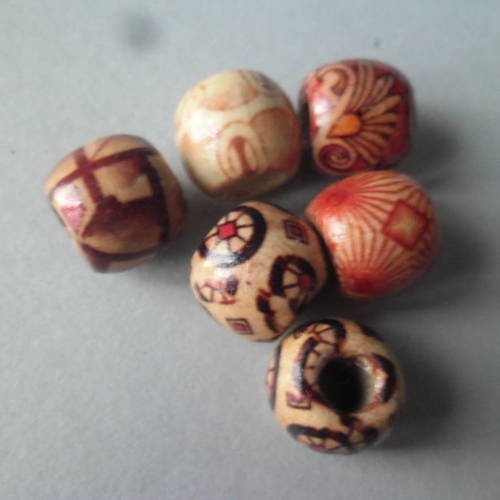 X 10 mixte perles bois tonneau à différents motifs tons marron 11 x 11 mm 