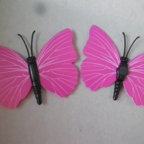 X 2 magnifiques embellissements forme papillon fuchsia motif rose  à coller 6,2 x 5 cm 