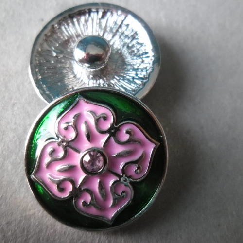 X 1 bouton pression motif fleur émail strass rose rond diy argenté 20 mm 