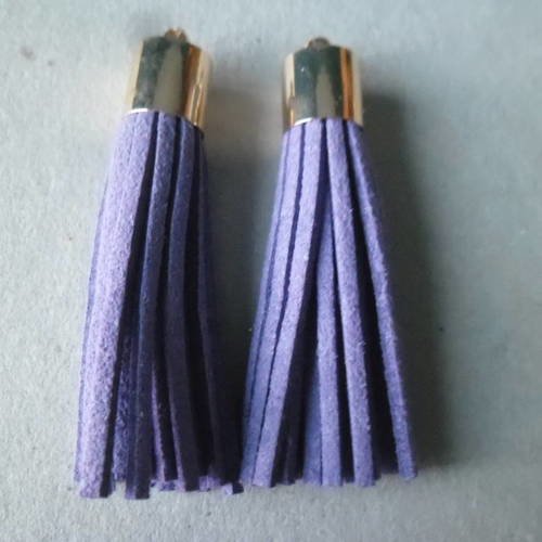 X 2 pendentifs pompon suédine violet gland rond plastique 5,5 cm 