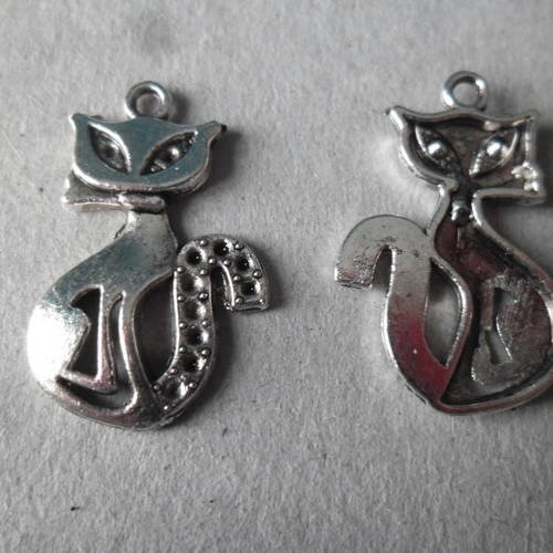 X 4 pendentifs charms forme chat argenté 26 x 16 mm 