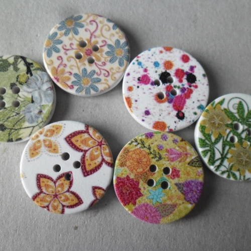 X 6 mixte boutons bois rond motif fleur multicolore 4 trous 30 mm 