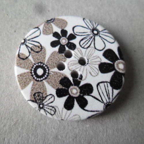 X 5 boutons en bois fond blanc motif fleur 4 trous 30 mm 