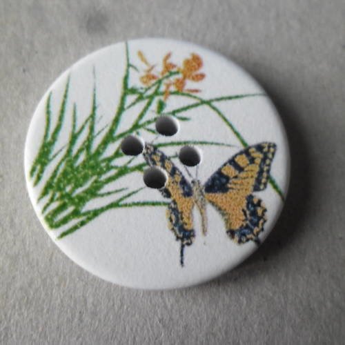 X 5 boutons en bois fond blanc motif papillon/fleur 4 trous 30 mm 