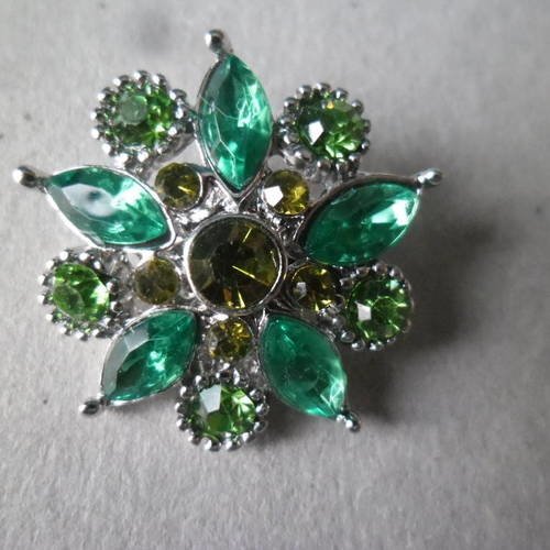 X 1 bouton pression fleur strass cristal couleur tricolore ton vert argenté 25 x 25 mm 