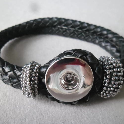 X 1 bracelet tissé cuir noir pour bouton pression diy 22 cm 