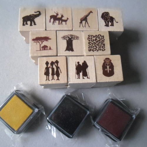 X 1 kit de 10 mixte tampons bois+3 encreurs encre sur le thème africain 