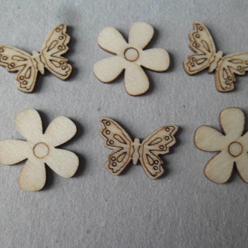 X 6 embellissements en bois naturel papillons et fleurs 23 x 18 mm-25 mm 
