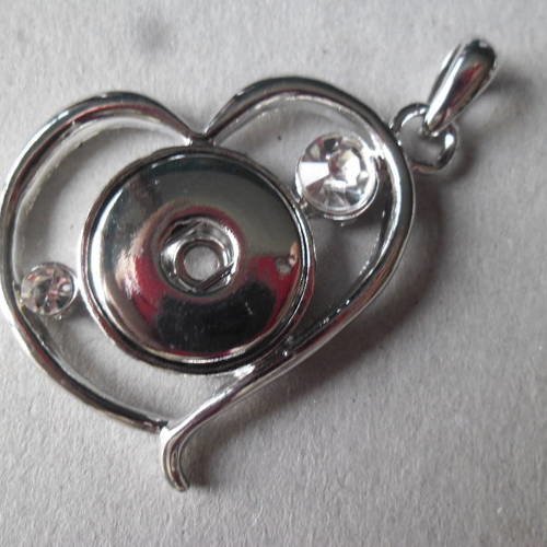 X 1 magnifique pendentif coeur strass blanc pour bouton pression click argenté 5,5 x 5 cm 