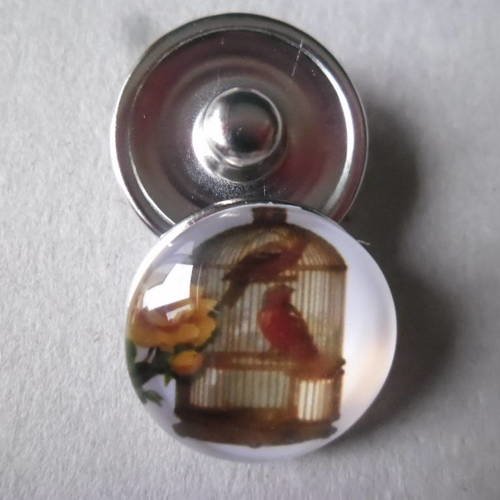X 1 bouton pression click rond verre dôme motif cage oiseau argenté 18 mm 