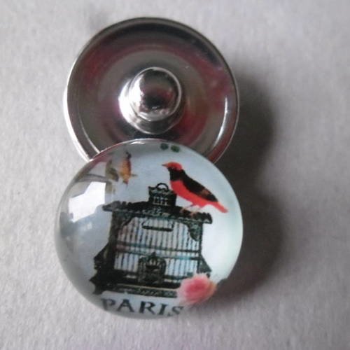 X 1 bouton pression click rond verre dôme motif cage oiseau argenté 18 mm 