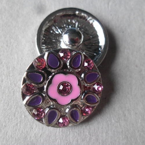 X 1 magnifique bouton pression fleur strass"rose,violet"émail rond diy 20 mm 
