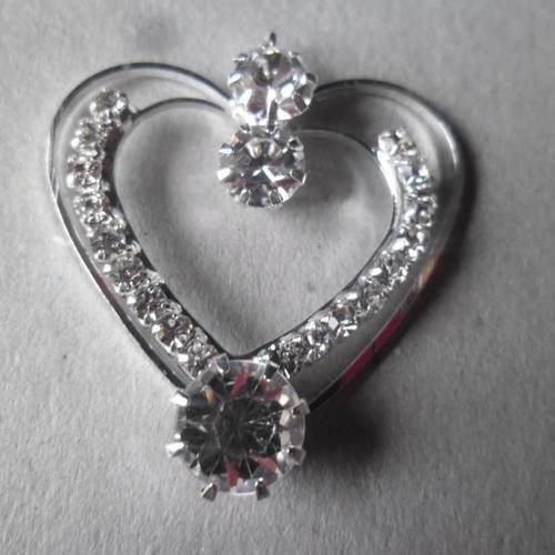 X 2 pendentifs coeur strass blanc délicat argenté 35 x 22 mm 