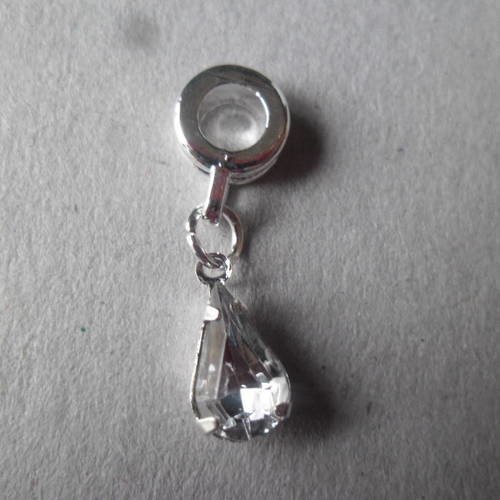 X 1 pendentif strass larme blanc métal argenté 25 x 8 mm 