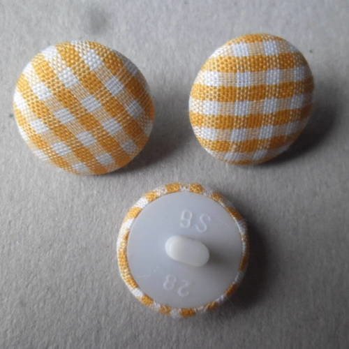X 10 boutons couvert de tissu carreau jaune,blanc bombé acrylique 17 mm 