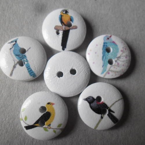 X 10 mixte boutons en bois peint fond blanc motif oiseau  2 trous 15 mm 