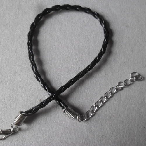 X 2 bracelets tressé simili cuir noir+fermoir mousqueton argenté 20 cm 