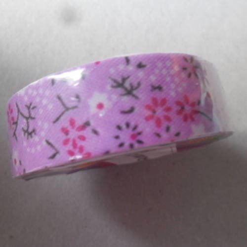 X 1,5 mètre de ruban tissu masking tape adhésif fond mauve à motif fleur coton 15 mm 