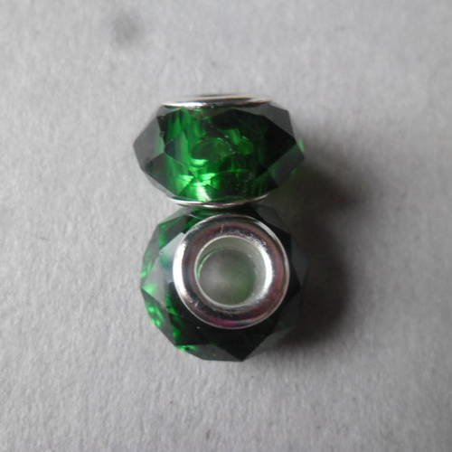 X 5 perles européen verre couleur verte à facette argenté 15 x 8 mm 
