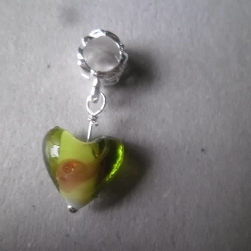 X 1 pendant/breloque coeur en verre vert pour bracelet charm argenté 30 x 10 mm 