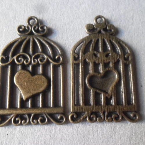 X 2 pendentifs charm cage oiseau coeur bronze 34 x 20 mm 
