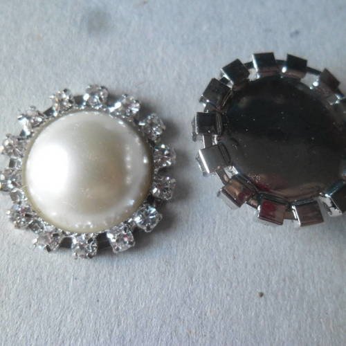 X 1 cabochon rond perle contour à strass blanc acrylique 23 mm 