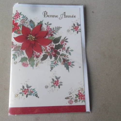 X 1 carte double 3d "bonne année"fond blanc motif fleur à strass avec son enveloppe 17,5 x 11,5 cm 