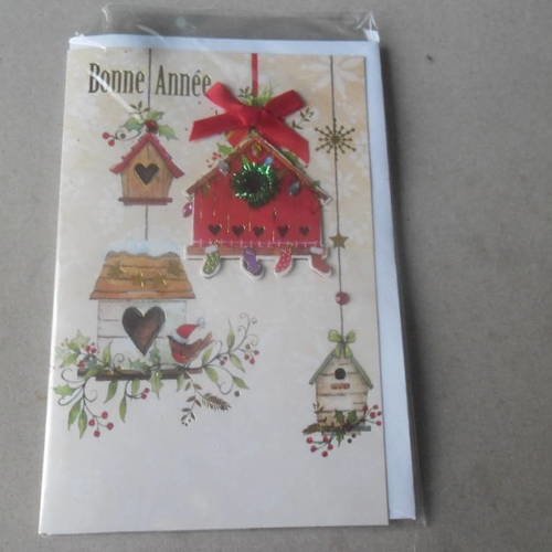 X 1 carte double 3d"bonne année" représentant des petites maisons à strass pour oiseaux multicolore avec son enveloppe 