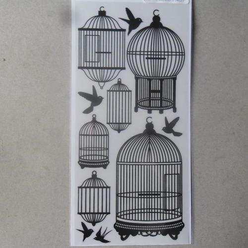 X 1 planche de rub-ons représentant des cages et des oiseaux noir 