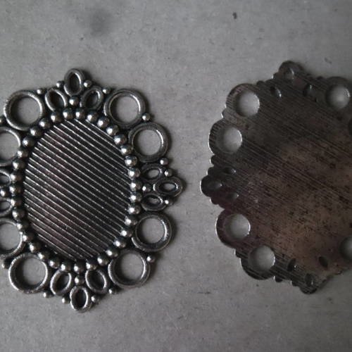 X 2 pendentifs/support pour camée cadre ovale fleur argenté vielli 43 x 37 mm 