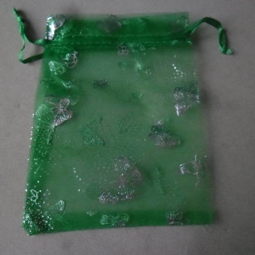 X 10 sachets/pochettes cadeau organza couleur vert à motif papillon argenté 13 x 16 cm 