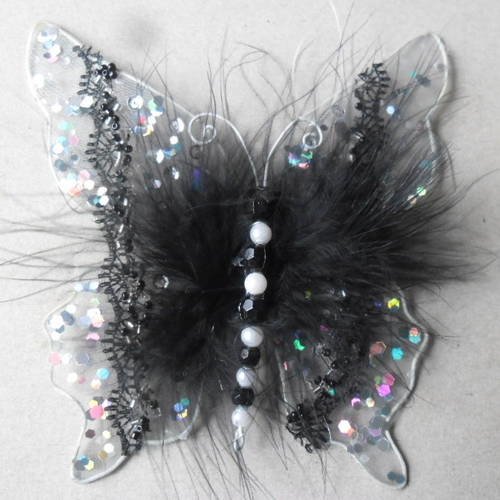 X 1 grand embellissement en forme de papillon noir,blanc,perles,contour en métal 13,5 x 12,5 cm 