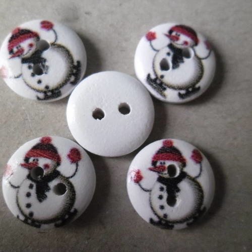 X 5 boutons bois peint motif bonhomme de neige 2 trous 15 mm de diamètre 