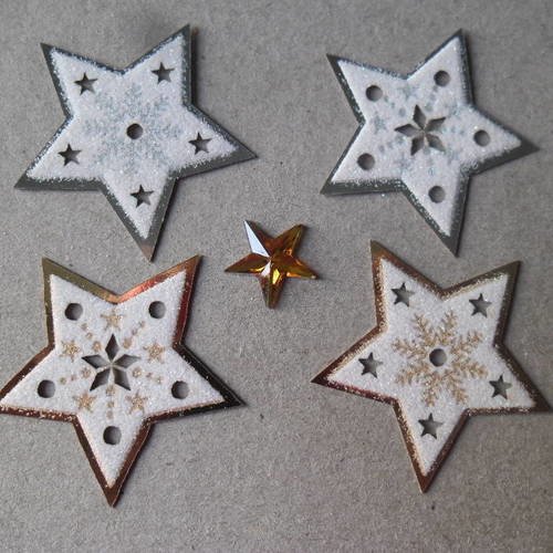 Nouveau x 4 mixtes formes de découpe étoile argenté,doré pailleté+1 strass étoile 