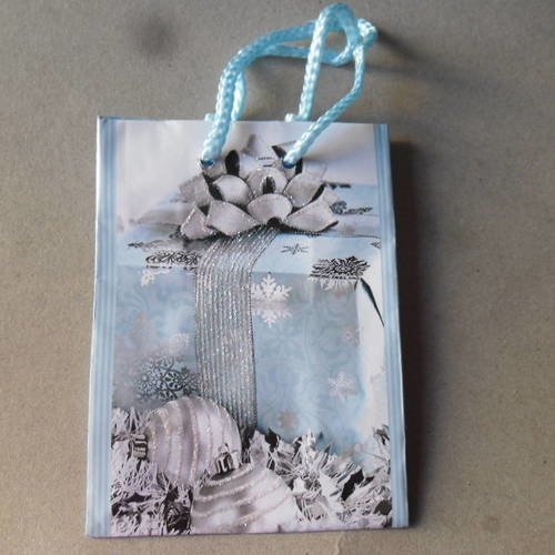 X 1 petit sac/cabas cartonné noel bleu,blanc et gris pailleté avec anse ruban bleu tressé 14,5 x 11 cm 