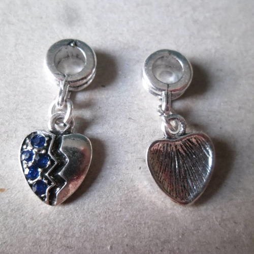 X 1 breloque pandora cœur à strass bleu argenté 26 x 10 mm 