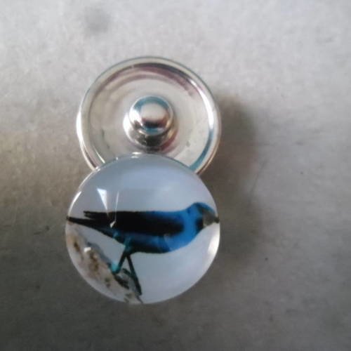 X 1 bouton pression rond verre motif oiseau bleu,noir pour bracelet diy 18 mm 