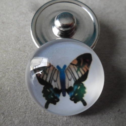 X 1 bouton pression rond verre motif papillon multicolore fond blanc pour bracelet diy 18 mm 