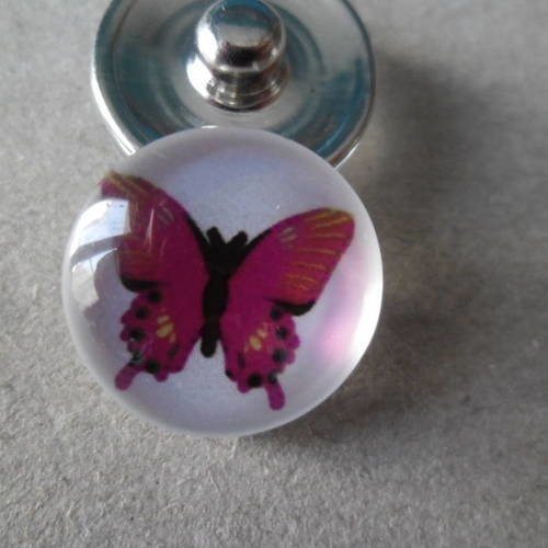 X 1 bouton pression rond verre motif papillon fuchsia pour bracelet diy 18 mm 