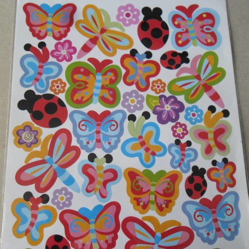 X 40 grands stickers autocollants papillons,coccinelles,libellules et fleurs multicolore 