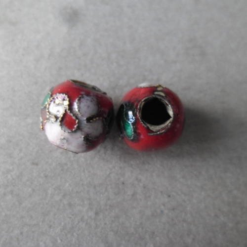 X 4 perles en cloisonné fond rouge à motif fleur 10 x 11 mm 