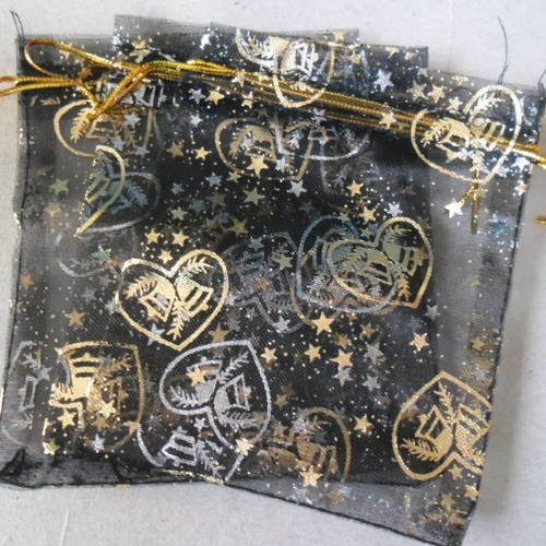 X 10 sachets pochettes cadeau organza noir motif cœur doré 9,5 x 11,5 cm 