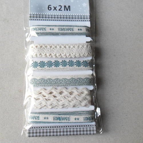 X 6 fois 2 mètres de ruban différents motifs ton bleu,beige  coton 10-15-5 mm 
