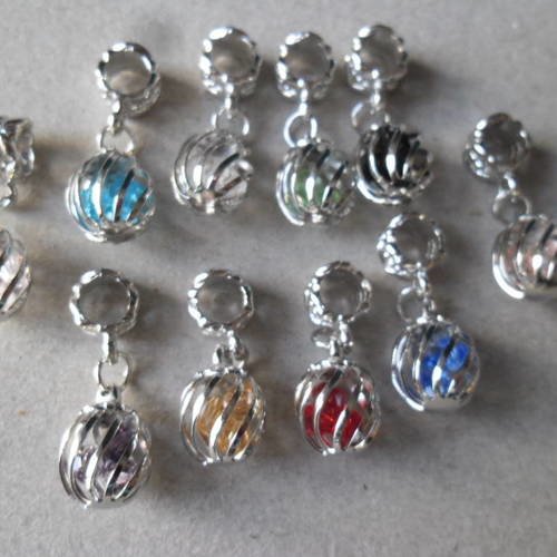 X 1 pendant breloque perle cristal"choix de couleur" cage spirale argenté 25 x 10 mm 